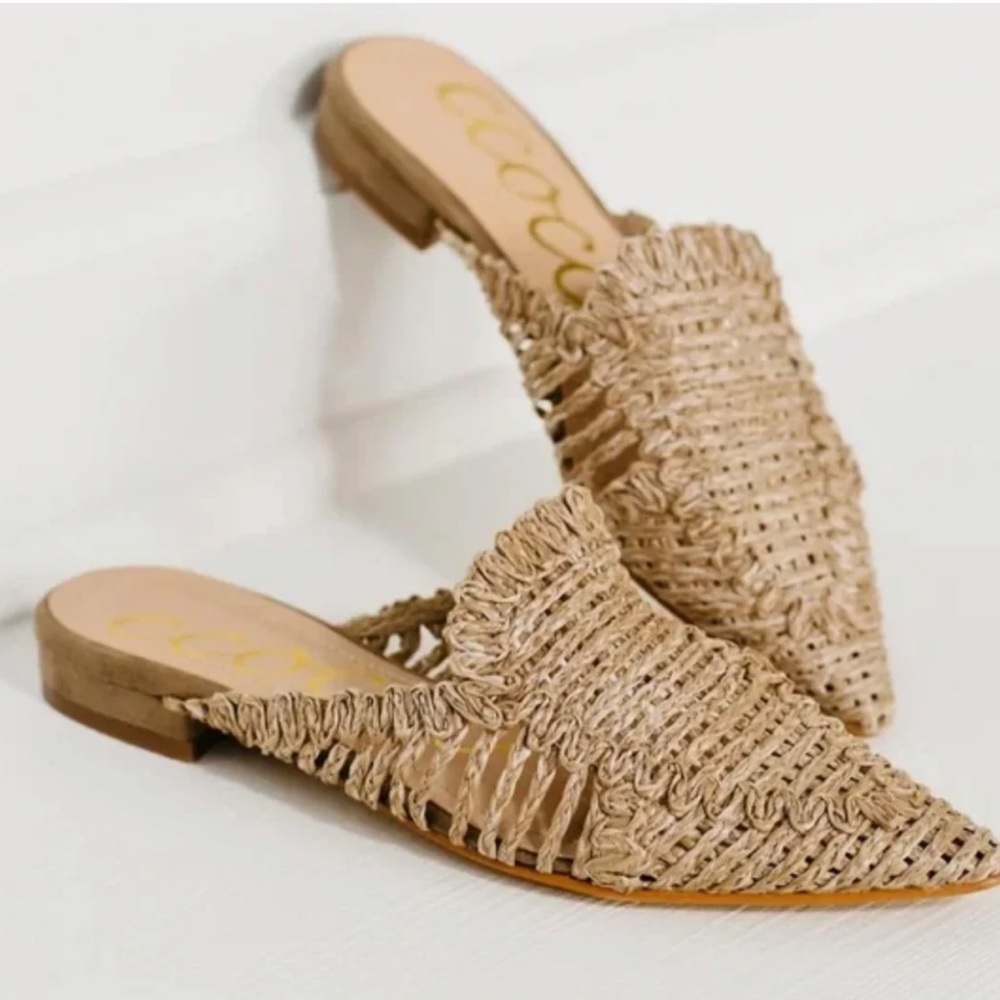 Cocci Botique Monaco Raffia Boho Beige Woven Pointed-Toe Mules Women’s Size 6